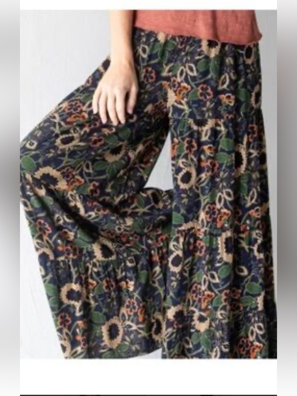 NEW Natural Life Cotton Patti Palazzo Pant - Tan / Navy Floral Small NWT